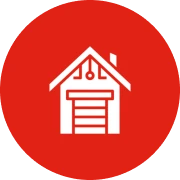 House icon on red circular background.