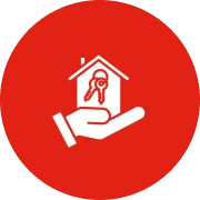 Hand holding house with keys icon.